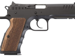 Tanfoglio IFG TFSTOCKI9 Defiant Stock I 9mm Luger Caliber with 4.50" Barrel, 16+1 Capacity, Overall Black Finish Steel, Picatinny Rail/Beavertail Frame, Serrated Slide & Wood Grip