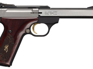 Browning 051543490 Buck Mark Medallion 22 LR 10+1 5.50" Blackened SS Slab Side Barrel, Stainless Steel Serrated SS Slide, Matte Black Aluminum Frame, Checkered Rosewood w/Gold BuckMark Inlay Grip