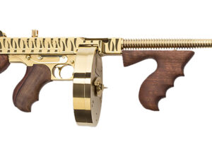 Thompson T150DTGTS 1927A-1 Deluxe 45 ACP Caliber with 16.50" Barrel, 20+1 Capacity (Stick), 50+1 Capacity (Drum), Gold w/Tiger Stripe Metal Finish, American Walnut Stock Wood Grip Right Hand