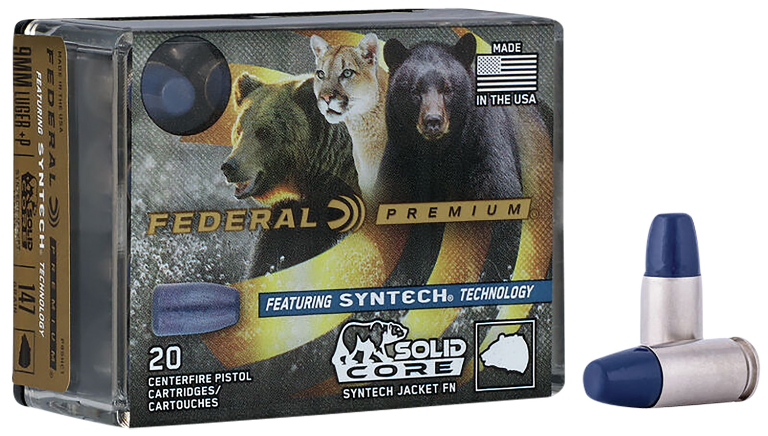 Federal P9SHC1 Premium 9mmLuger+P 147gr Solid Core Synthetic Flat Nose 20 Per Box/10 Case