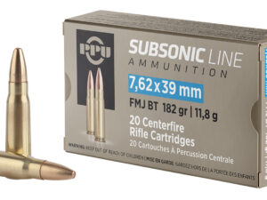 PPU PPS76239 Subsonic  7.62x39mm 182gr Full Metal Jacket Boat Tail 20 Per Box/50 Case