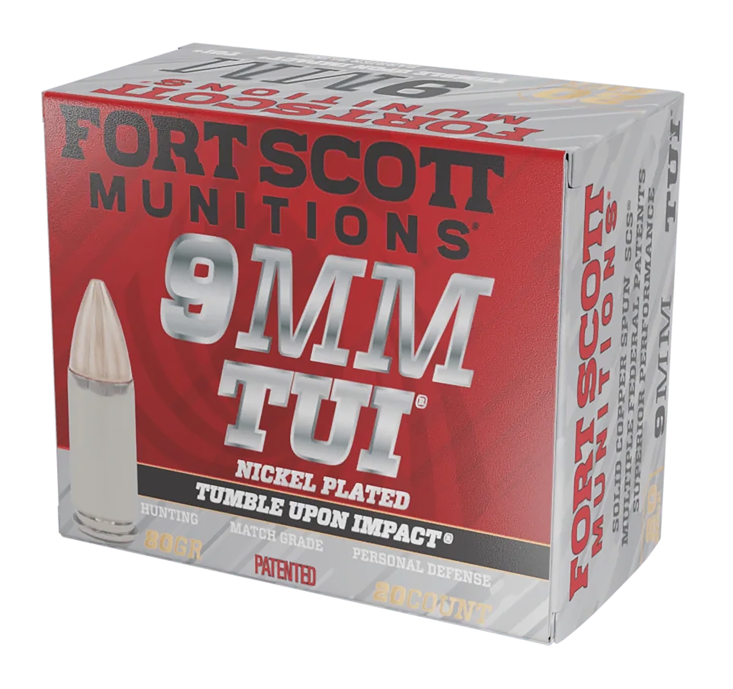 Fort Scott Munitions 9MM080SCVNIC Tumble Upon Impact (TUI) 9mmLuger 80gr Solid Copper Spun 20 Per Box/25 Case