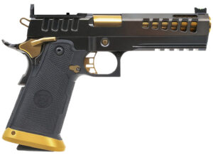 Watchtower Firearms DEMOLITIA9MM5ELITE Demolitia  Full Size Frame 9mm Luger 20+1 5" Gold Plated PVD Ported Barrel, Graphite PVD Optic Cut/Serrated Steel Slide, Graphite PVD Frame, Black Textured Grip