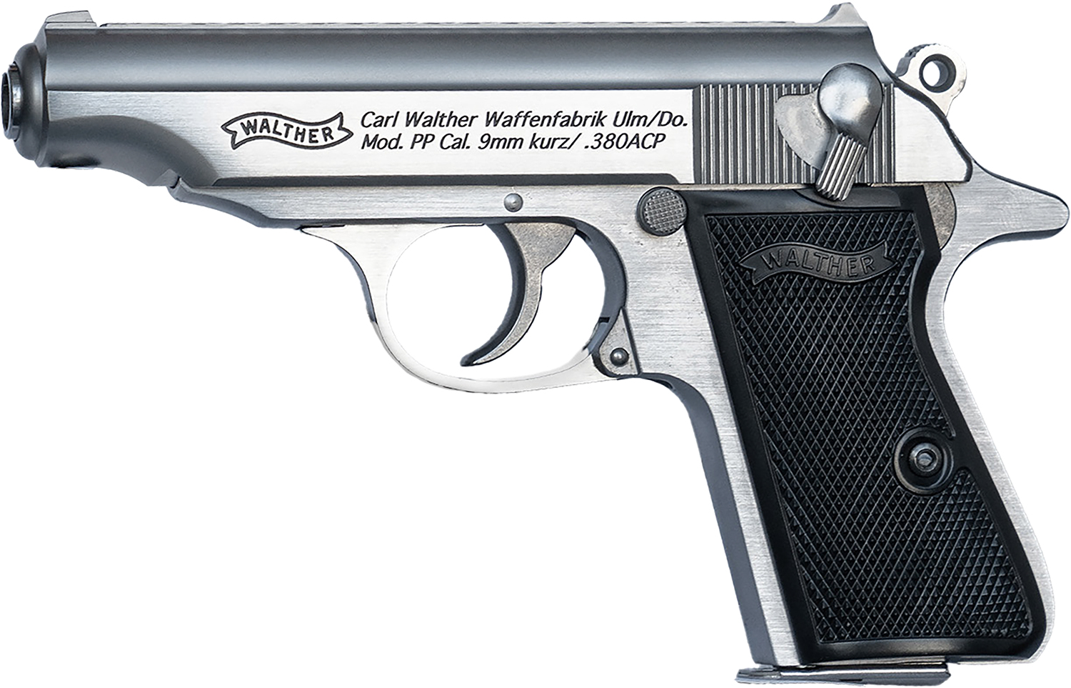 Walther Arms 4796027 PP 380 ACP 7+1 3.90" Stainless Steel Barrel, Stainless Serrated Steel Slide, Stainless Aluminum Frame w/Beavertail, Textured Polymer Grip