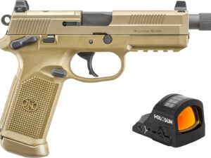 FN 66102270 FNX w/Optic 45 ACP 15+1 5.30" Black Steel Threaded Barrel, Flat Dark Earth Optic Ready/Serrated Stainless Steel Slide & Polymer Frame w/Picatinny Rail, Holosun 407C Red Dot, Ambidextrous