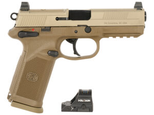 FN 66102272 FNX w/Optic 45 ACP 10rd 5.30" Black Steel Barrel, Flat Dark Earth Optic Ready/Serrated Stainless Steel Slide & Polymer Frame w/Picatinny Rail, Holosun 407C Red Dot, 5 Mags, Ambidextrous