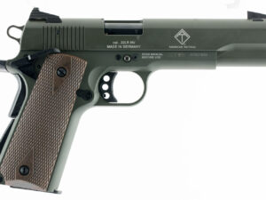GSG GSG2210M1911G 1911  22 LR 10+1 5" Threaded Barrel, OD Green Serrated Slide, OD Green Zinc Alloy w/Beavertail Frame, Double Diamond Walnut Grip