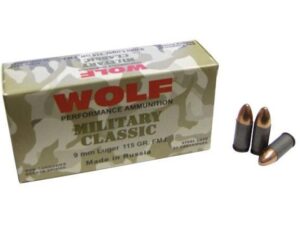 Wolf Miltary Classic Handgun Ammunition 9mm Luger 115 gr FMJ 1150 fps 50/ct