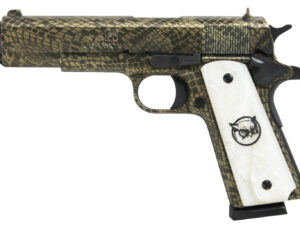 Iver Johnson Arms 1911A1WATERMOCCASIN 1911 A1 Water Moccasin 45 ACP 8+1 5" Black Steel Barrel, Green Snakeskin Hydrographic Serrated Steel Slide & Frame w/Beavertail, White Synthetic Pearl Grip
