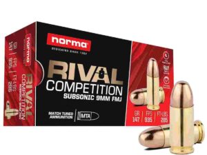 Norma Rival Competition Subsonic Rifle Ammunition 9mm Luger 147gr FMJ 935 fps 50/ct