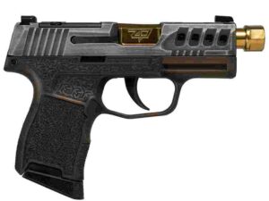 Sig Sauer P365 "Gold Bug" Handgun 9mm luger 10rd Magazines(2) 3.7" Threaded Gold Barrel Tactical Cut Distressed Grey Slide/Brown Grip Octagon Stippling