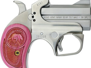 Bond Arms BAMB Mama Bear  357 Mag/38 Special 2rd 2.50" Stainless Steel Double Barrel & Frame, Auto Extractors & Rebounding Hammer, Blade Front/Fixed Rear Sights, Pink Wood Grip, Manual Safety