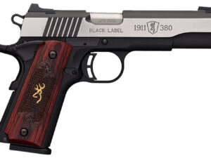 Browning 051914492 1911-380 Black Label Medallion Pro 380 ACP 8+1 4.25" Target Crown Barrel, Blackened w/Silver Polished Flats Serrated SS Slide, Matte Black Polymer Frame w/Beavertail