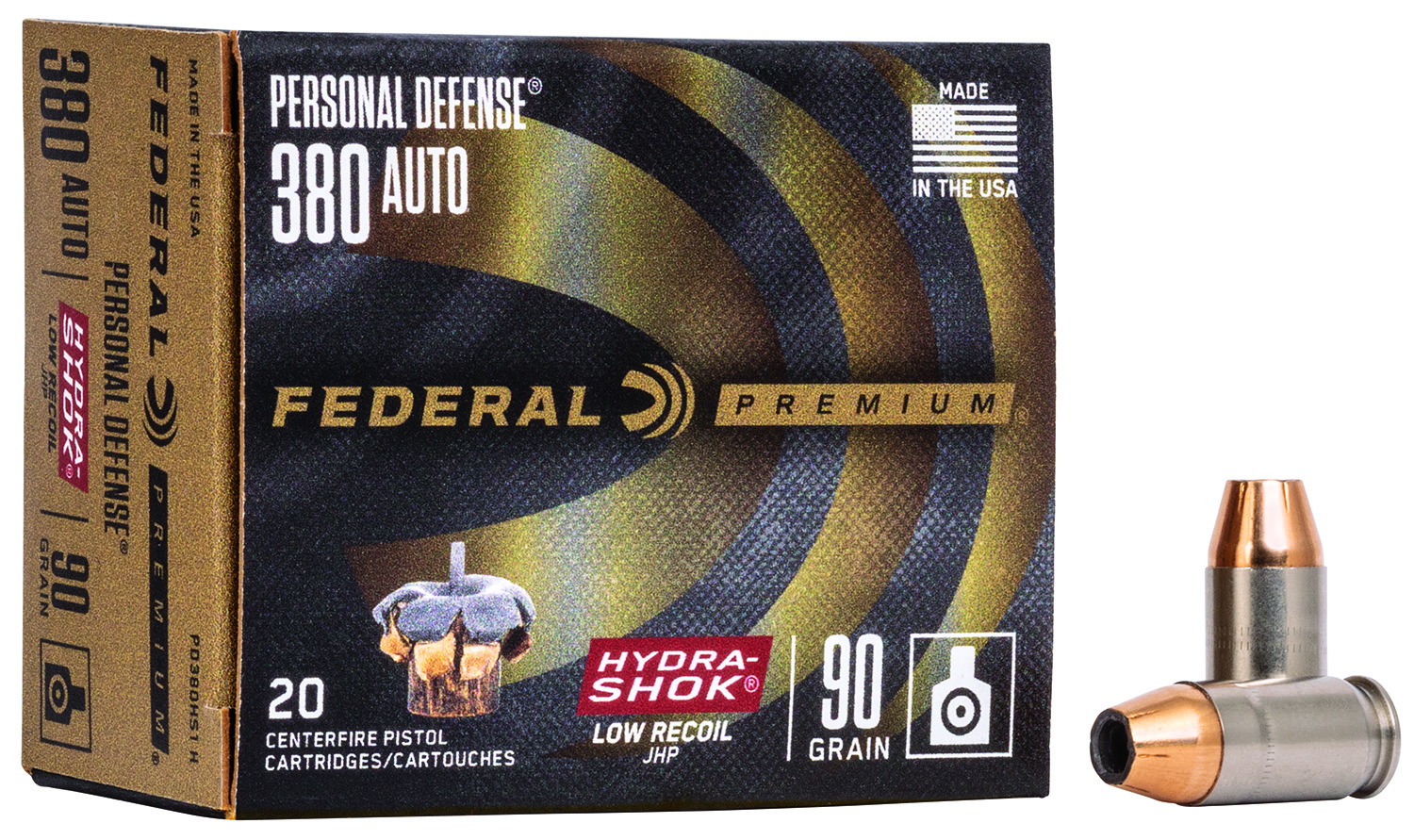 Federal PD380HS1H Premium Personal Defense Low Recoil 380ACP 90gr Hydra-Shok Jacketed Hollow Point 20 Per Box/10 Case