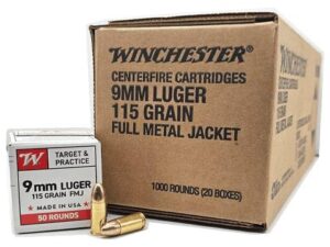 Winchester USA Target & Practice Handgun Ammunition 9mm Luger 115gr FMJ 1190 fps 1000/ct Case (20-50/ct Boxes)