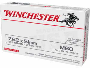 Winchester USA Lake City M80 Rifle Ammunition 7.62x51mm 149 gr. FMJ 2790 fps 20/ct