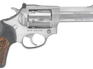 Ruger 5773 SP101  Small Frame 327 Federal Mag 6rd, 4.20" Satin Stainless Steel Barrel, Cylinder & Frame, Black Rubber w/Wood Insert Grip, Exposed Hammer, Transfer Bar Safety