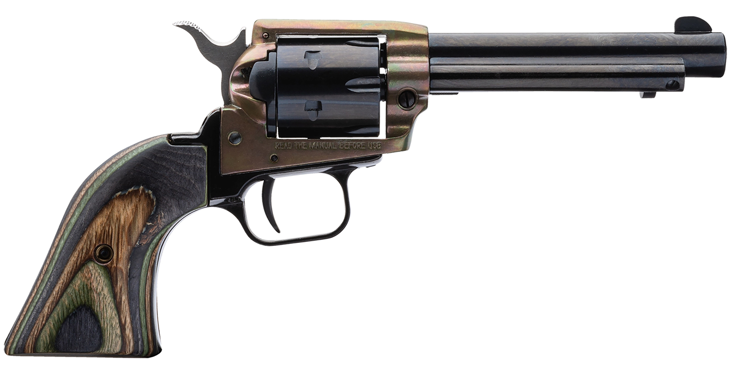 Heritage Mfg RR22CH4 Rough Rider 22 LR 6 Shot, 4.75" Black Oxide Steel Barrel, Simulated Case Hardened Zinc Alloy Frame, Black Oxide Cylinder, Camo Laminate Grip, Manual Safety, Exposed Hammer