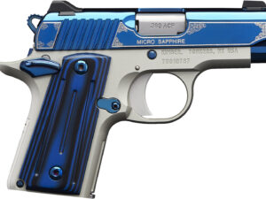 Kimber Mfg.,inc 3300090 Micro Sapphire NS 380 ACP 7+1 2.75" Polished Bright Blue PVD Coating Cut Scroll Engraving and Border Stainless Steel Thin blue/black ball-milled G-10 Grip