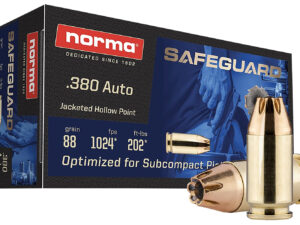 Norma Ammunition 803807680  Safeguard 380ACP 88gr Jacketed Hollow Point 50 Per Box/20 Case