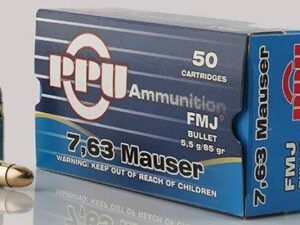 PPU Handgun Ammunition 7.63mm Mauser 85 gr FMJ 1510 fps 50/ct