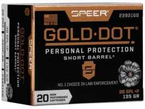 Speer Gold Dot Short Barrel Handgun Ammunition .38 Spl (+P) 135 gr HP 860 fps 20/ct