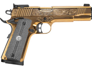 Girsan 390093 MC1911 S Lux 45 ACP 8+1 5" Gold Plated PVD Steel Barrel, Gold Finish Engraved Serrated w/Engraving Steel Slide, Gold Plated Steel Frame, Black G10 Grip