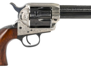 Taylors & Company 550925 1873 Cattleman 45 Colt (LC) Caliber with 4.75" Blued Floral Engraved Finish Barrel, 6rd Capacity Blued Finish Cylinder, Coin Photo Engraved Finish Steel Frame & Walnut Grip