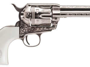 Cimarron PP410LNTXR Frontier Texas Ranger 45 Colt (LC) 6 Shot, 4.75" Engraved Nickel-Plated Steel Barrel, Cylinder & Frame, Engraved "One Riot, One Ranger" Ejector Rod, White Polymer Grip
