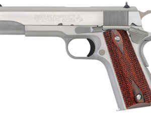 Colt Mfg O1070A1CS 1911 Government 45 ACP 8+1 5" Stainless National Match Barrel, Brushed Stainless Serrated Slide & Frame w/Beavertail, Double Diamond Checkered Wood Grip