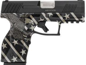 Taurus 1-GX2931-EN1 GX2  Compact Frame 9mm Luger 13+1 3.38" Stainless Steel Barrel, Matte Black Serrated Alloy Steel Slide, Black w/Eagle, Stars & Stripes Polymer Frame w/Accessory Rail