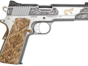 Cnc Firearms CNCRATTLER Kimber 1911 Rattler Sports South Exclusive 45 ACP Stainless Barrel, Stainless w/Gold Plating Steel Engraved/Serrated Slide & Frame w/Beavertail, Genuine Snakeskin Grip