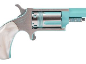 North American Arms 22MPB Iris undefined 22 Mag 5 Shot 1.63" Turquoise Cerakote Ported Barre Matte Stainless Steel Frame, Stainless/Turquoise Cylinder, Faux White Pearl Grip, Exposed Hammer