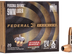 Federal P9HS1 Premium Personal Defense 9mmLuger 124gr Hydra-Shok Jacketed Hollow Point 20 Per Box/25 Case