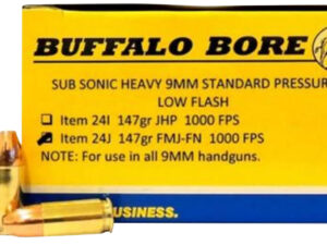 Buffalo Bore Ammunition 24J20 Subsonic Strictly Business 9mmLuger 147gr Full Metal Jacket Flat Nose 20 Per Box/12 Case
